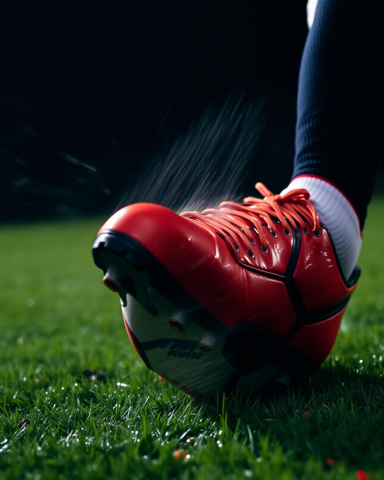 Boot striking a ball on floodlit grass